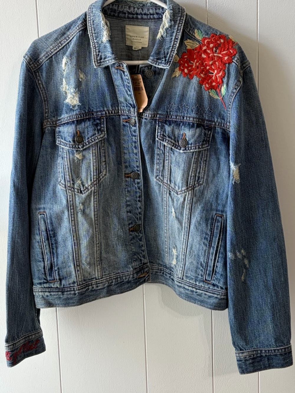 American Eagle Outfitters Blue Denim Jacket with Red Floral Embroidery